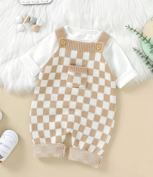 Checkered baby knit overalls