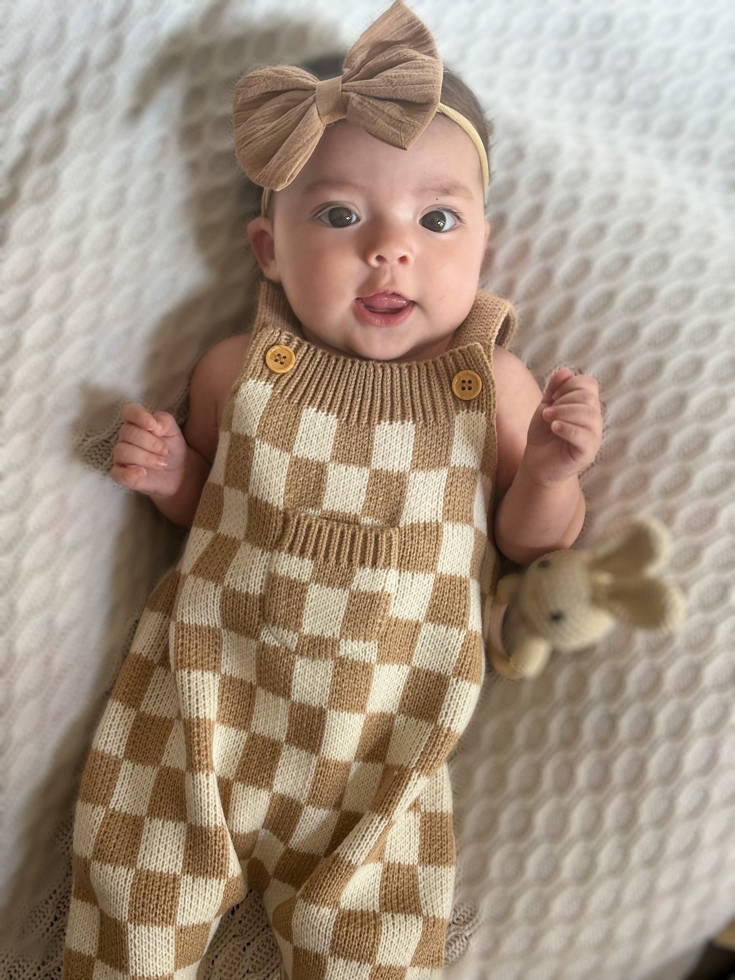 Checkered baby knit overalls